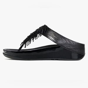 Fit Flop Black Cha Cha Beaded Fringe Wedge Thong Sandal for Women US 8 Eight